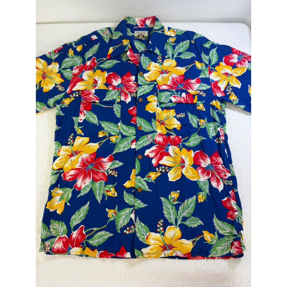 Vintage Reyn Spooner Hawaiian Shirt Mens M Blue Hibiscus Floral Spun Rayon 90s